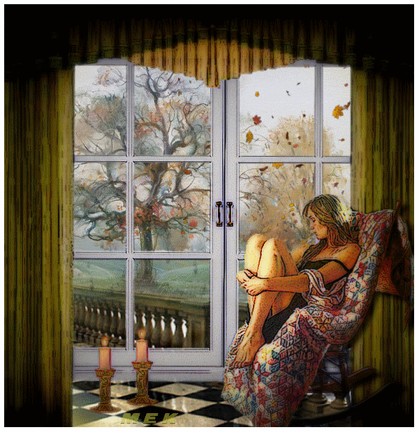 Kobieta w domu ogląda spadające liście